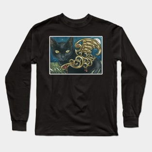 The Black Cat With Golden Wings - White Outlined Version Long Sleeve T-Shirt